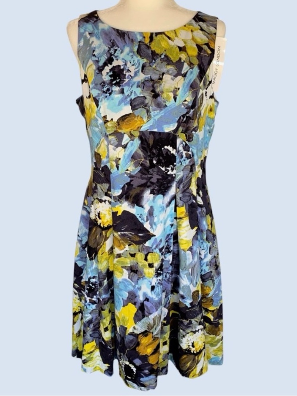 Maggy London Blue & Yellow Floral Fit & Flare Sleeveless Knee Length Dress, 14